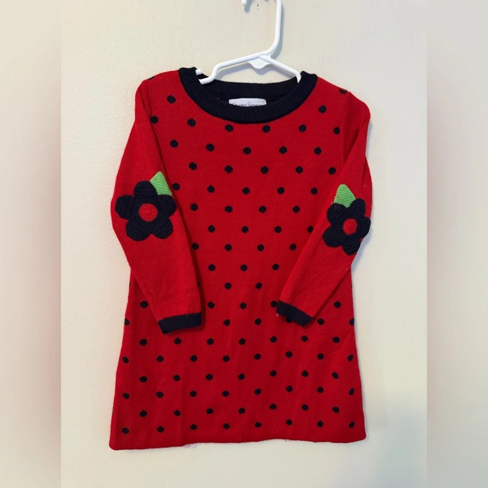 Florence Eiseman Red Polka Dot Sweater Dress with Flower Accents